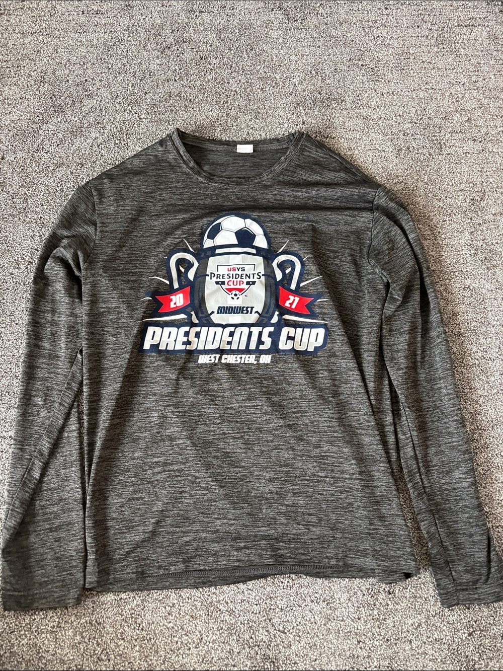 USYS Presidents Cup Long Sleeve Soccer Tee - Gray with Navy & Red Logo